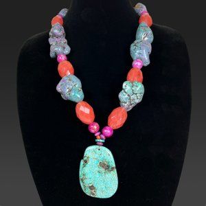 XL Turquoise Slab Pendant on Carnelian & Howlite Beaded Statement Necklace